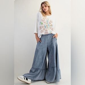 Easel Ruffle Hem Palazzo Pants Washed Denim Womens Size Large Boho Wide Leg